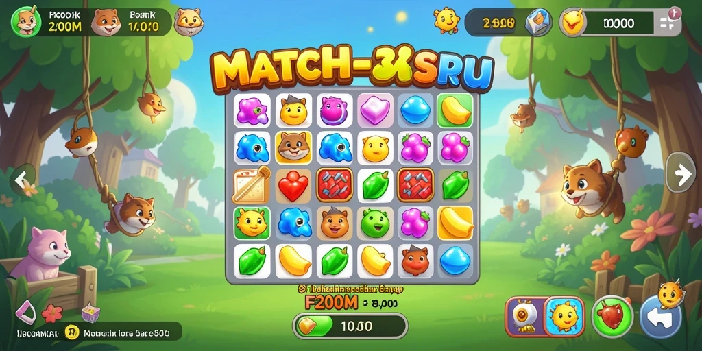 Screenshot gameplay F200M dengan elemen-elemen Match-3 yang cerah dan menarik.
