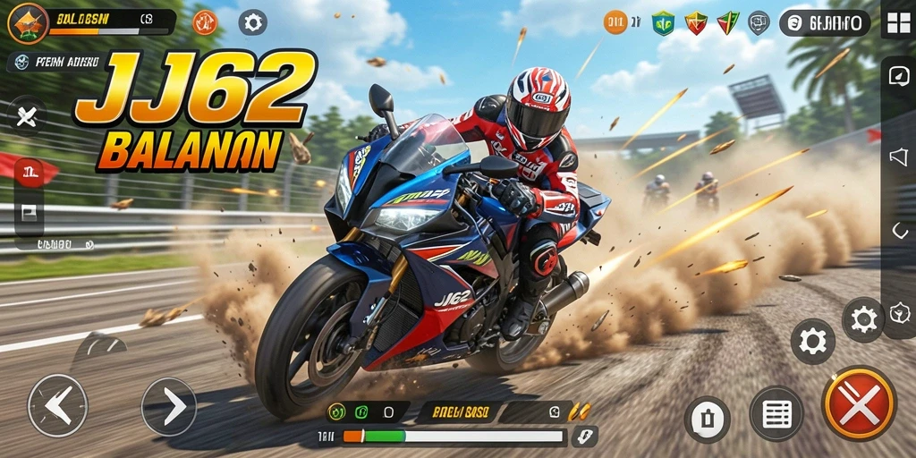 Screenshot gameplay JJ62 menampilkan aksi balapan motor yang mendebarkan.